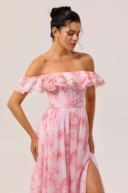 Pink Floral Off the Shoulder Ruffled Long Bridesmaid Dress with Slit