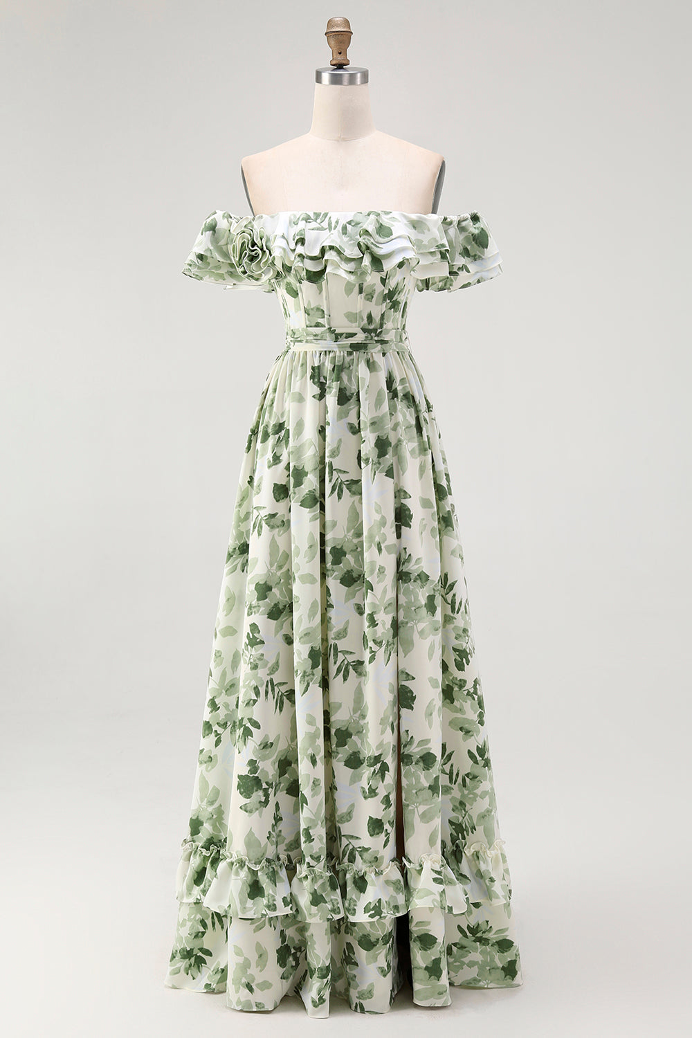 Green Floral A Line Off the Shoulder Maxi Wedding Guest Dress