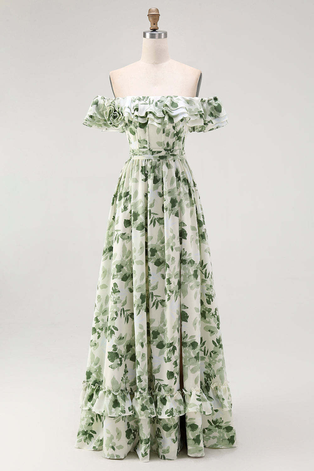 Leely Women Green Floral Maxi Summer Wedding Guest Dress with Slit A Line Off the Shoulder Bridesmaid Dress with Ruffles