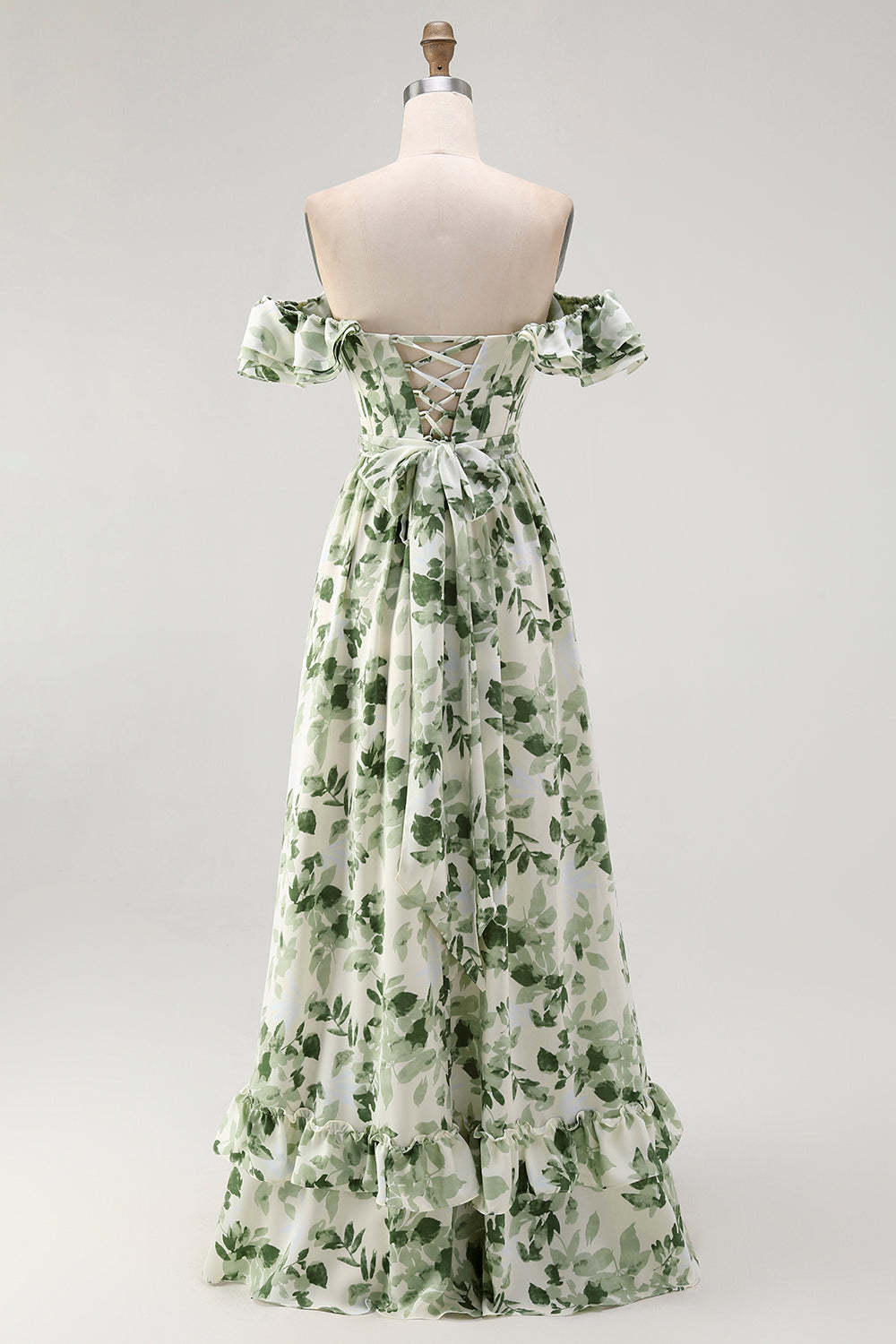 Green Floral A Line Off the Shoulder Maxi Wedding Guest Dress