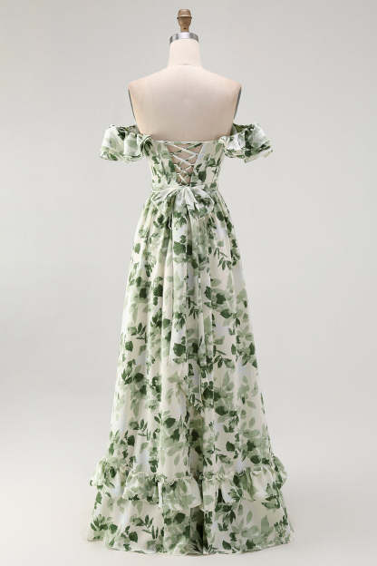Green Floral A Line Off the Shoulder Maxi Wedding Guest Dress