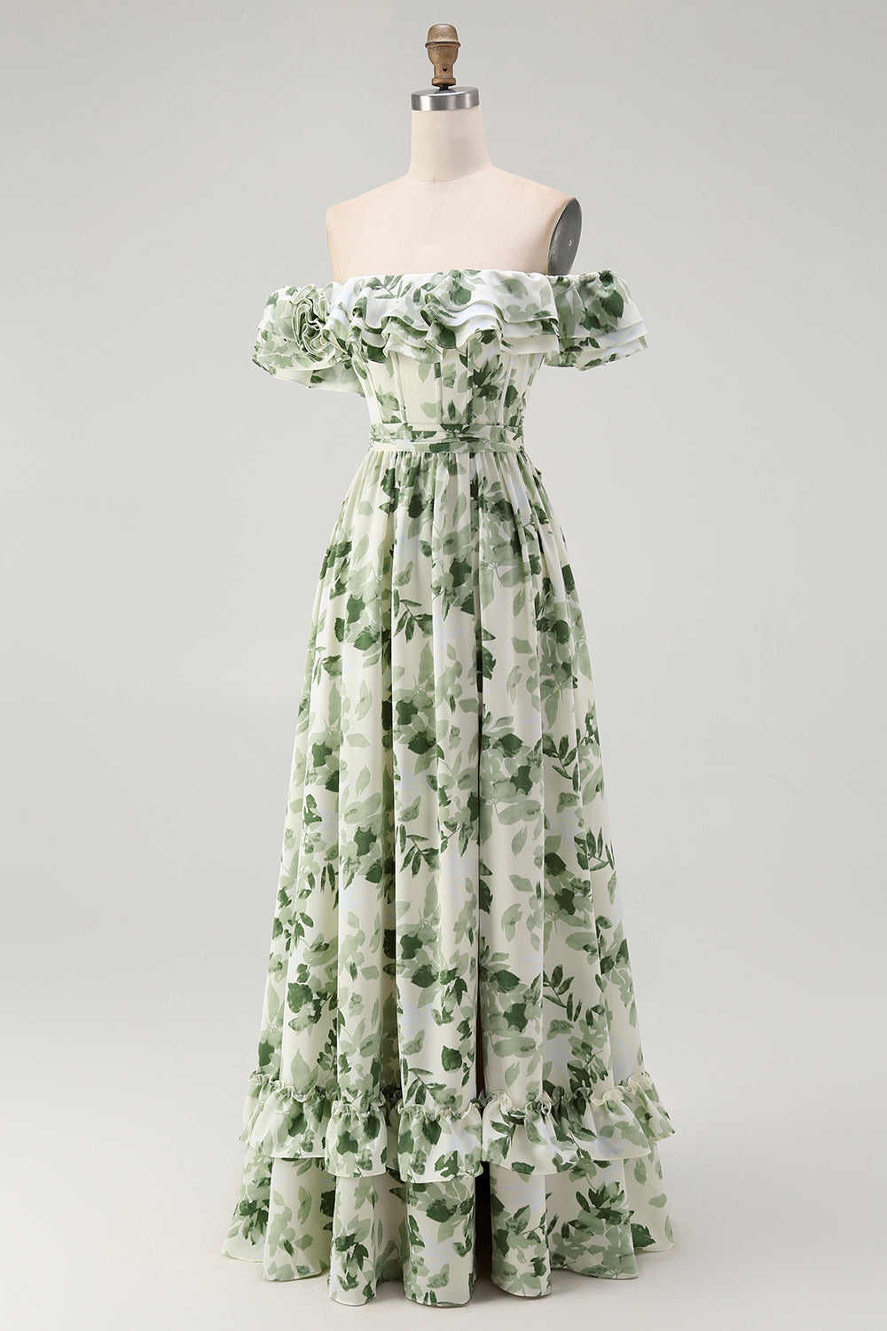 Green Floral A Line Off the Shoulder Maxi Wedding Guest Dress