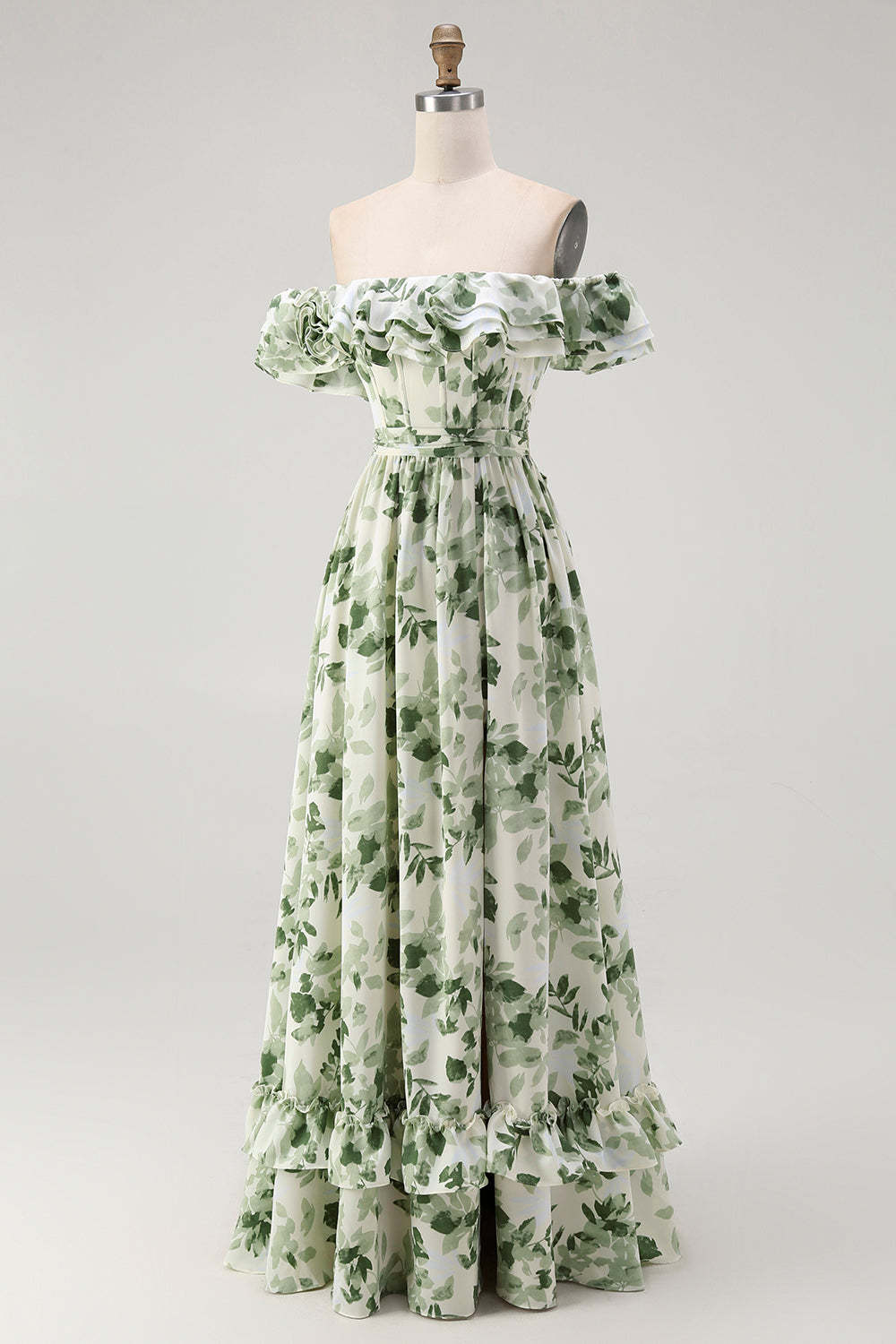 Green Floral A Line Off the Shoulder Maxi Wedding Guest Dress