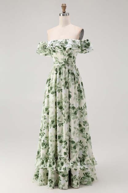 Green Floral A Line Off the Shoulder Maxi Wedding Guest Dress