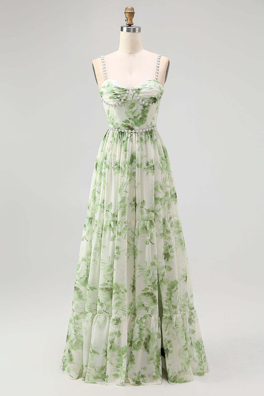 Leely Women Green Chiffon Floral Long Wedding Guest Dress with Slit A Line Spaghetti Straps Bridesmaid Dress with Pearls