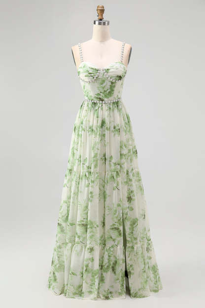 Leely Women Green Chiffon Floral Long Wedding Guest Dress with Slit A Line Spaghetti Straps Bridesmaid Dress with Pearls