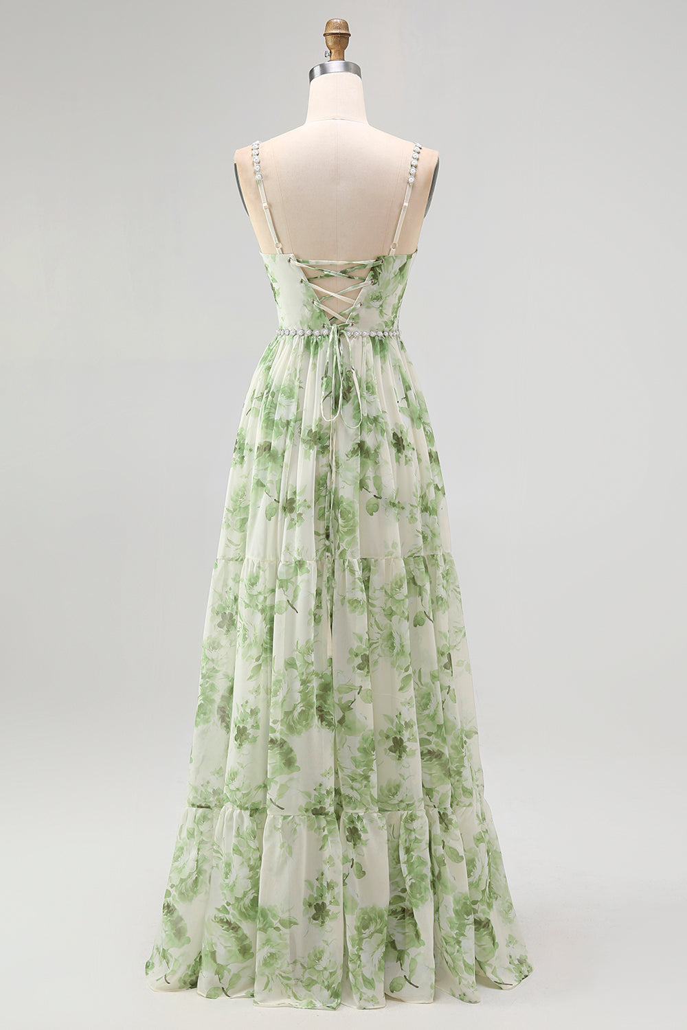 Green Floral Chiffon Spaghetti Straps A-Line Long Wedding Guest Dress with Slit