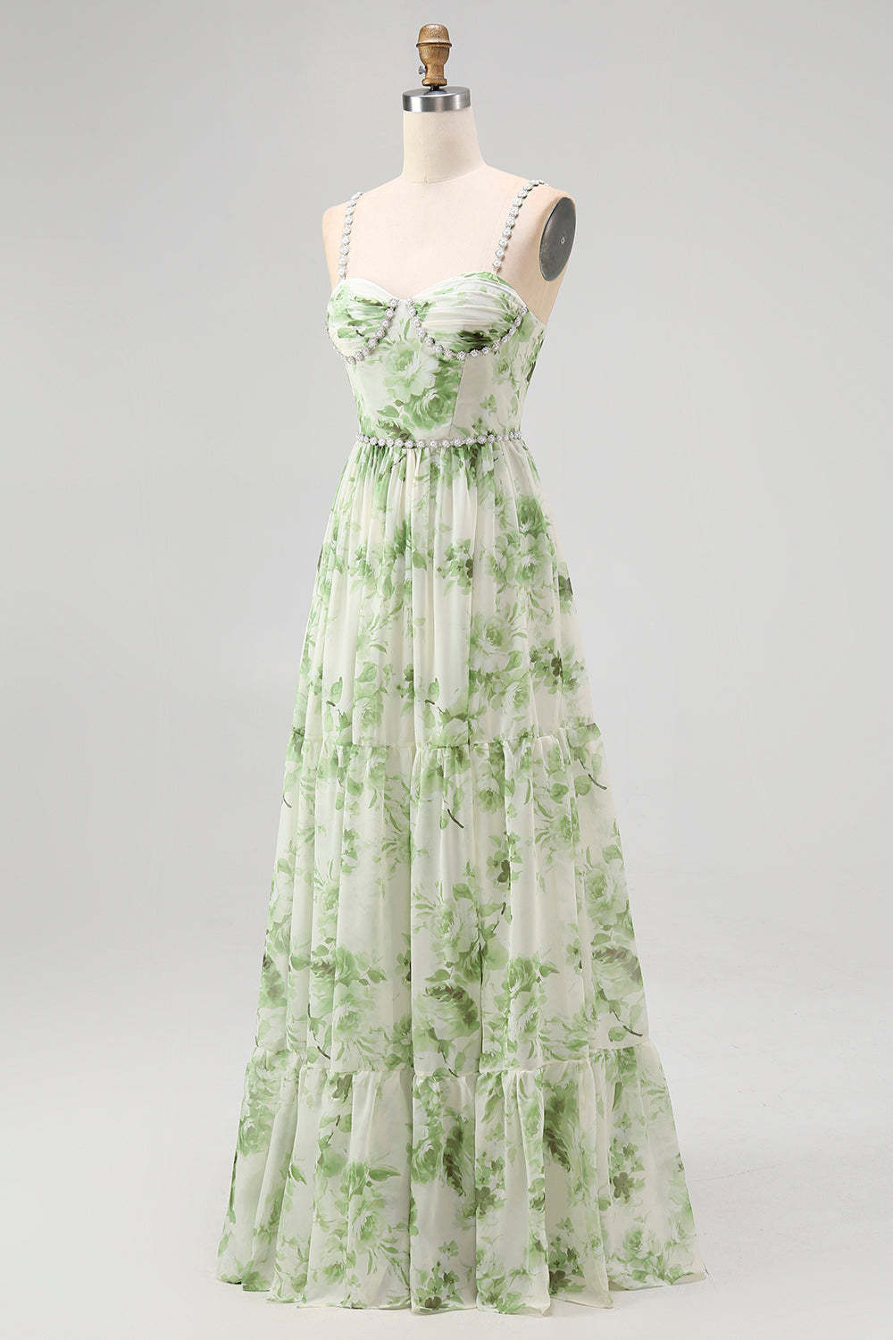Green Floral Chiffon Spaghetti Straps A-Line Long Wedding Guest Dress with Slit