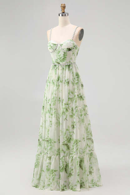 Green Floral Chiffon Spaghetti Straps A-Line Long Wedding Guest Dress with Slit
