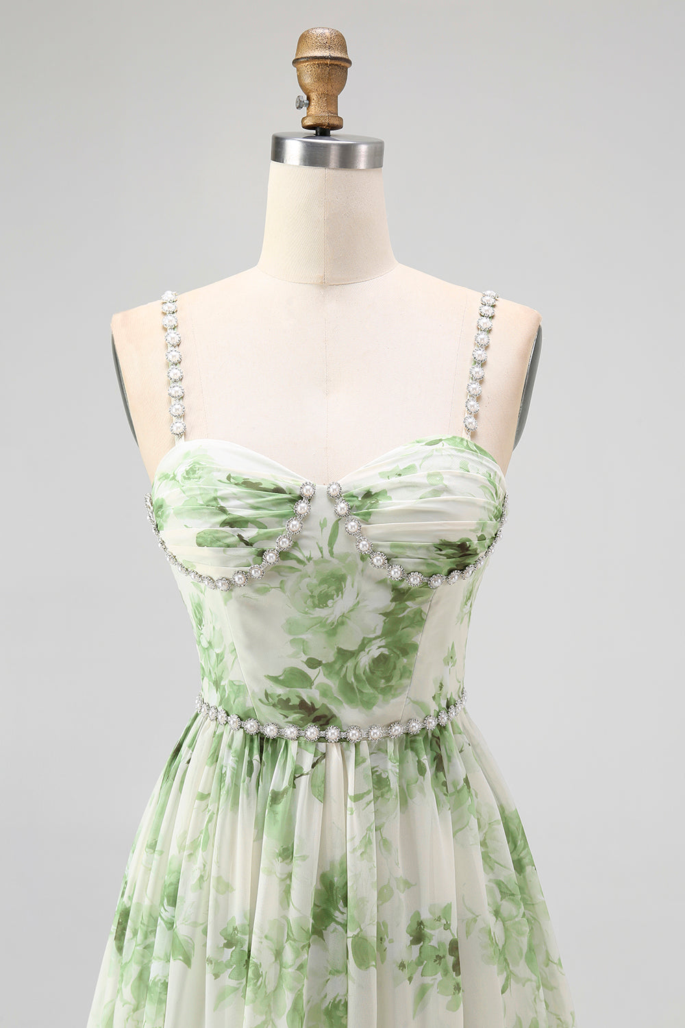 Green Floral Chiffon Spaghetti Straps A-Line Long Wedding Guest Dress with Slit