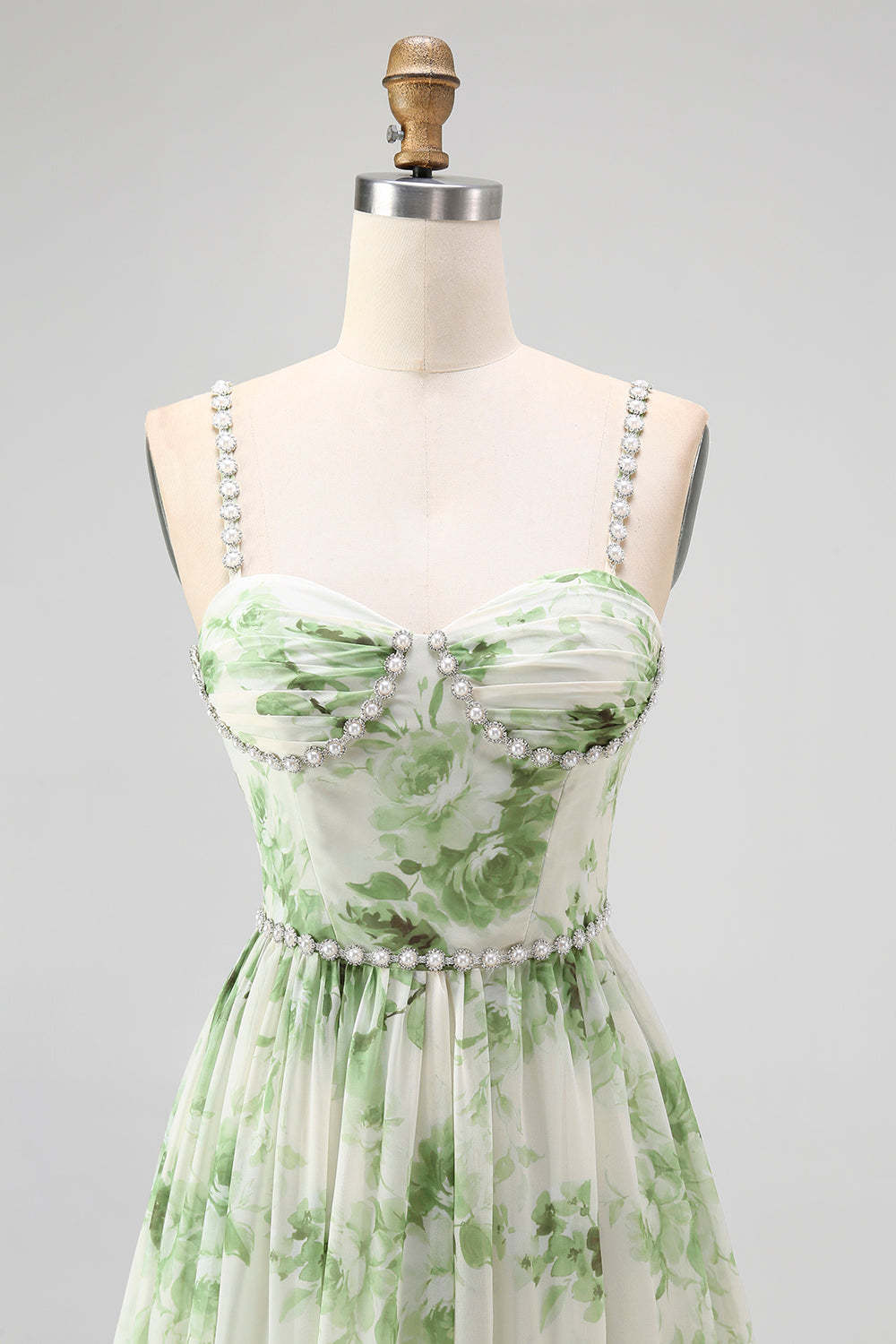 Green Floral Chiffon Spaghetti Straps A-Line Long Wedding Guest Dress with Slit