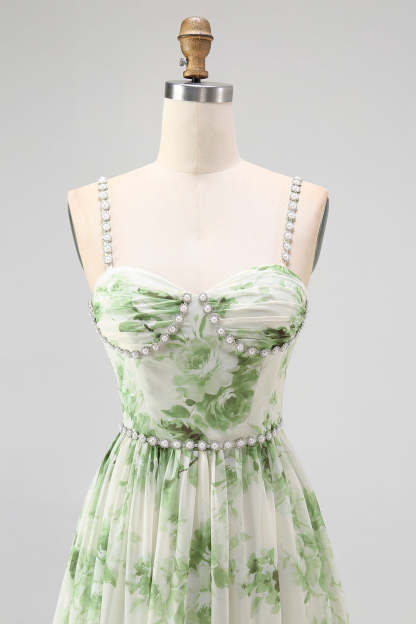 Green Floral Chiffon Spaghetti Straps A-Line Long Wedding Guest Dress with Slit