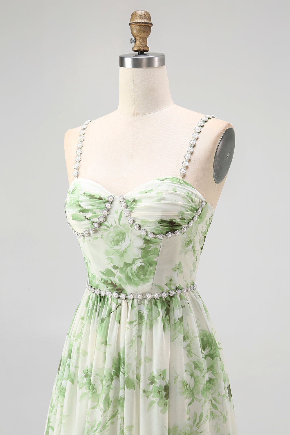 Green Floral Chiffon Spaghetti Straps A-Line Long Wedding Guest Dress with Slit