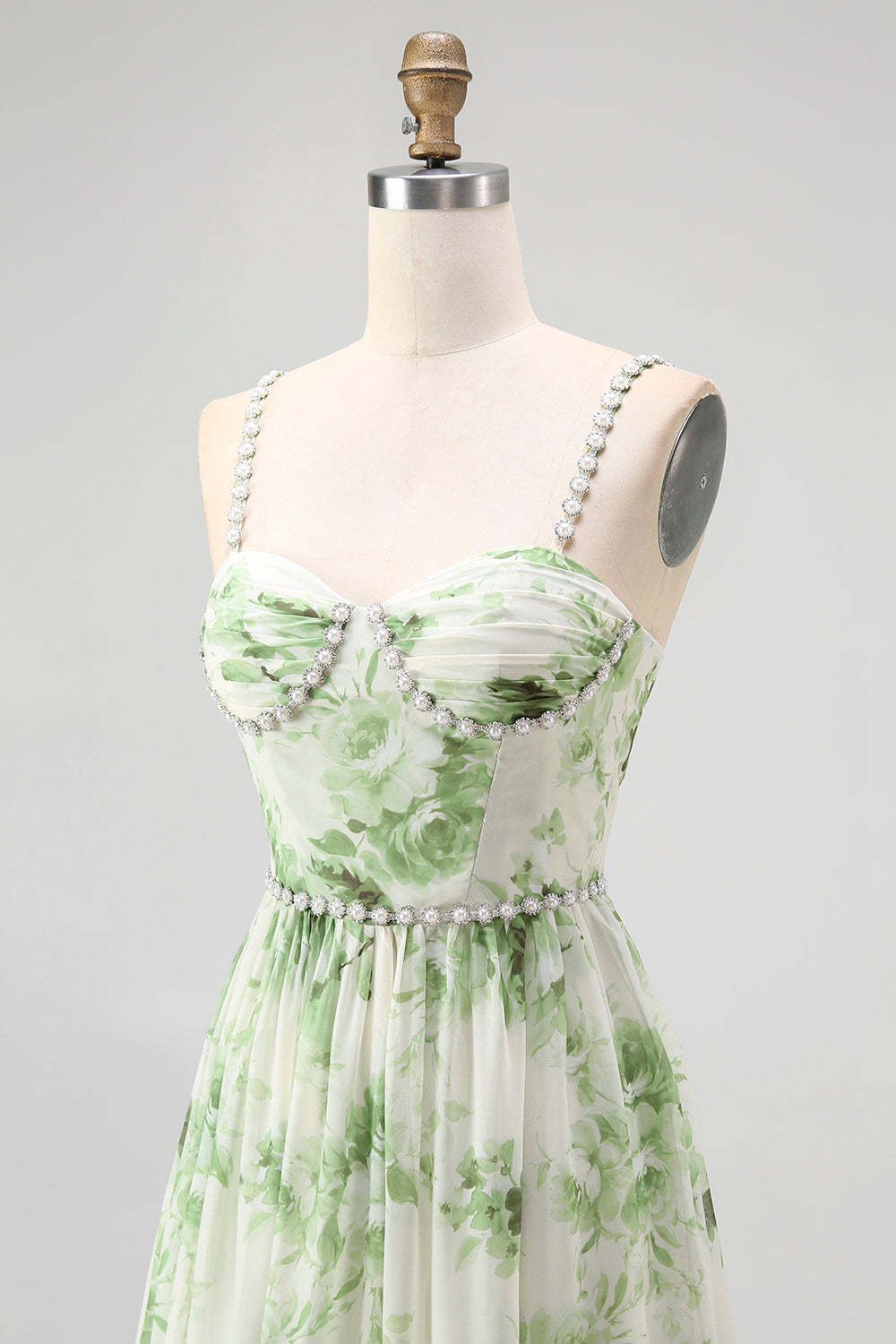 Green Floral Chiffon Spaghetti Straps A-Line Long Wedding Guest Dress with Slit