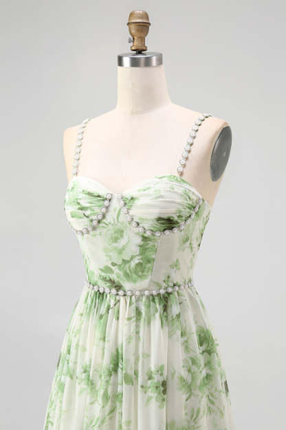 Green Floral Chiffon Spaghetti Straps A-Line Long Wedding Guest Dress with Slit