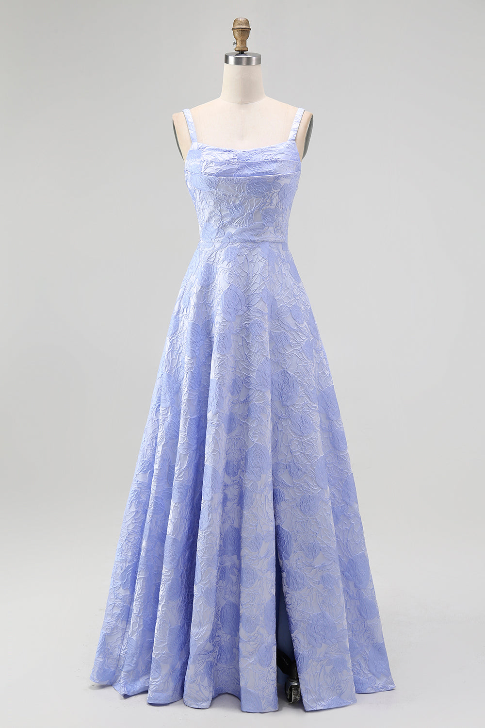 Leely Women Blue Floral Long Wedding Guest Dress with Slit A-Line Spaghetti Straps Jacquard Prom Dress