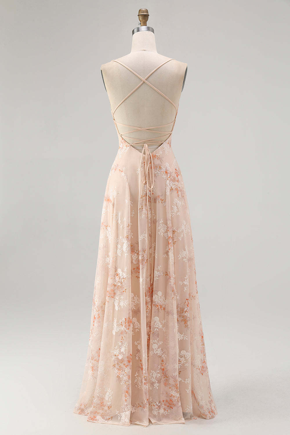 Champagne Floral Spaghetti Straps Ruched Chiffon A-Line Long Wedding Guest Dress