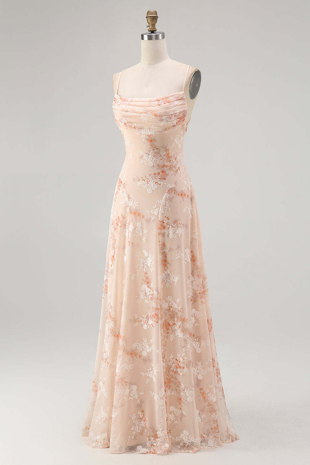 Champagne Floral Spaghetti Straps Ruched Chiffon A-Line Long Wedding Guest Dress