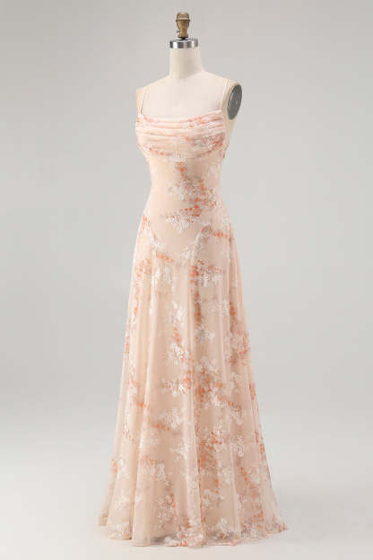 Champagne Floral Spaghetti Straps Ruched Chiffon A-Line Long Wedding Guest Dress
