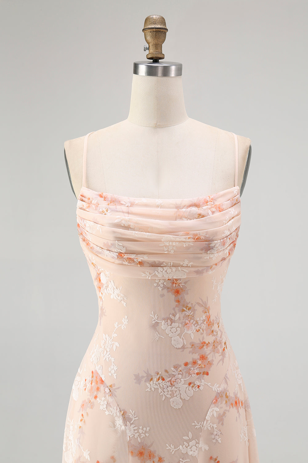 Champagne Floral Spaghetti Straps Ruched Chiffon A-Line Long Wedding Guest Dress