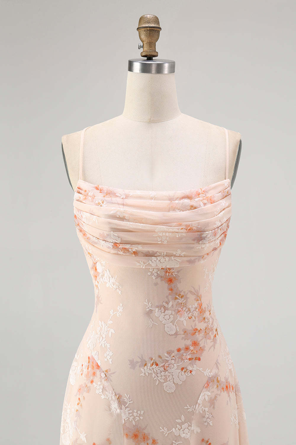 Champagne Floral Spaghetti Straps Ruched Chiffon A-Line Long Wedding Guest Dress