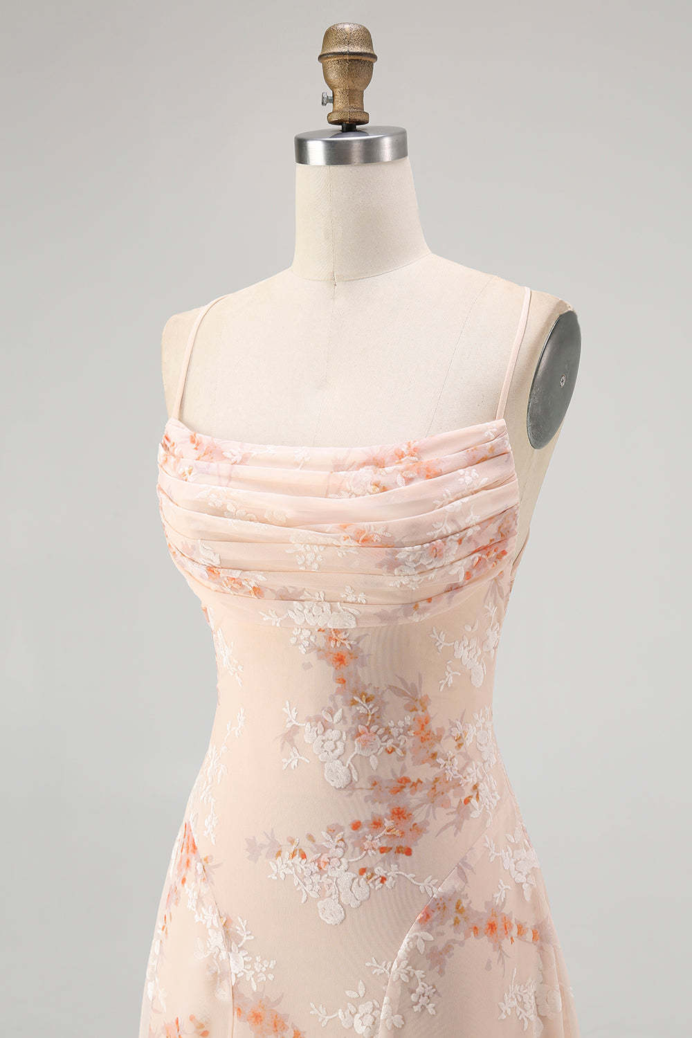 Champagne Floral Spaghetti Straps Ruched Chiffon A-Line Long Wedding Guest Dress