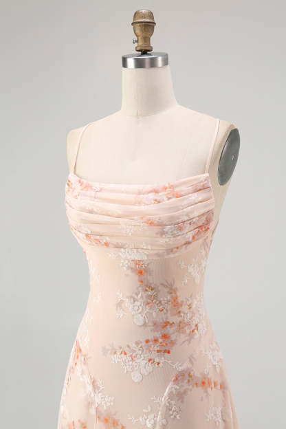 Champagne Floral Spaghetti Straps Ruched Chiffon A-Line Long Wedding Guest Dress