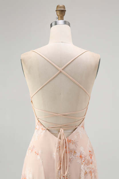 Champagne Floral Spaghetti Straps Ruched Chiffon A-Line Long Wedding Guest Dress