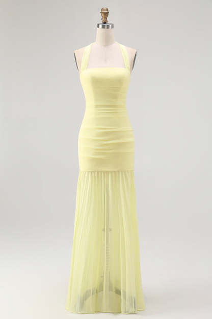 Leely Women Simple Yellow Chiffon Maxi Wedding Guest Dress Sheath Halter Bridesmaid Dress