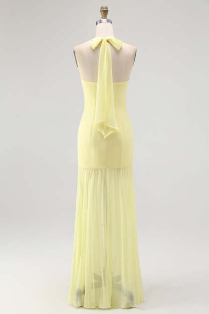 Simple Yellow Sheath Halter Chiffon Maxi Wedding Guest Dress