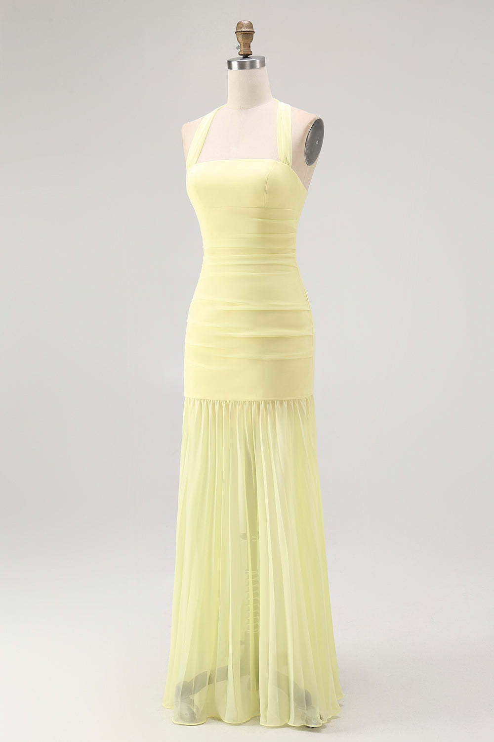 Simple Yellow Sheath Halter Chiffon Maxi Wedding Guest Dress