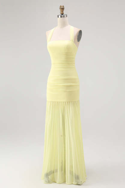 Simple Yellow Sheath Halter Chiffon Maxi Wedding Guest Dress