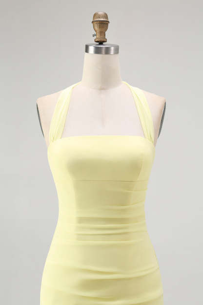 Simple Yellow Sheath Halter Chiffon Maxi Wedding Guest Dress
