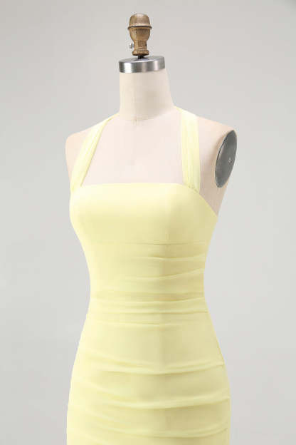 Simple Yellow Sheath Halter Chiffon Maxi Wedding Guest Dress