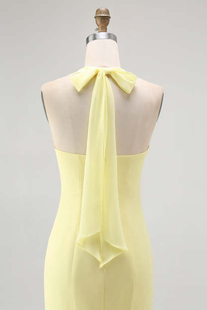 Simple Yellow Sheath Halter Chiffon Maxi Wedding Guest Dress