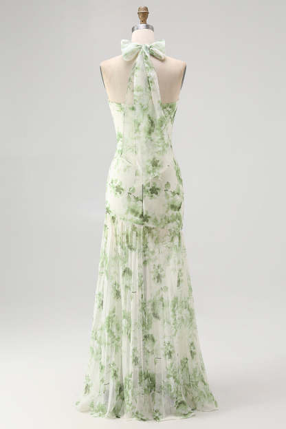 Green Floral Mermaid Halter Long Wedding Guest Dress with Bow