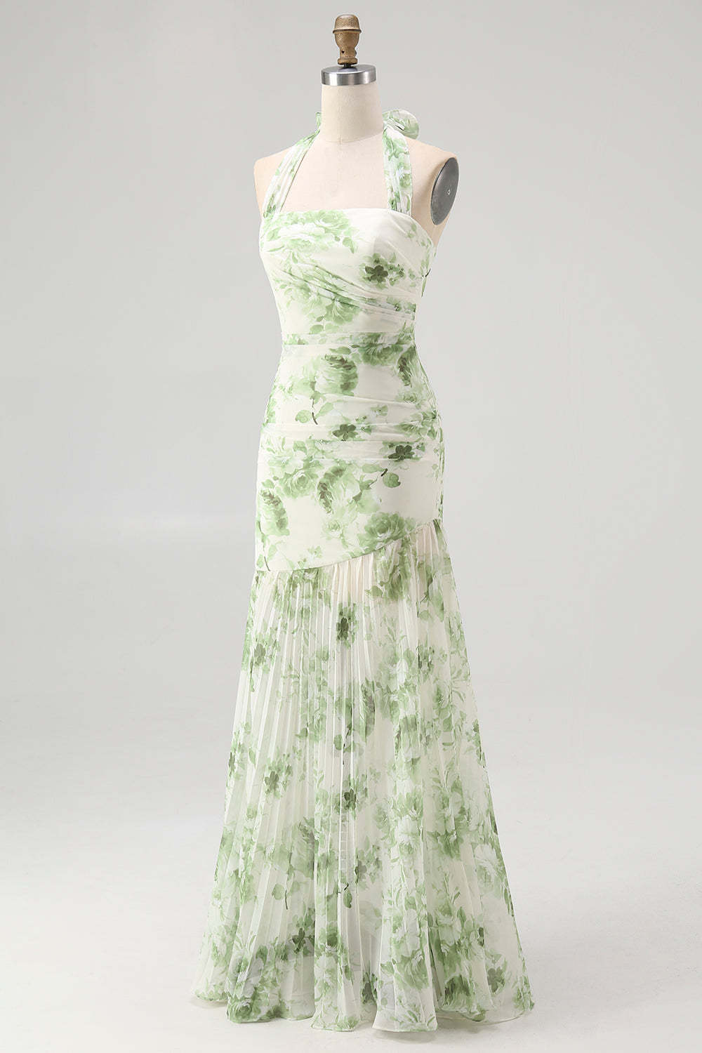Green Floral Mermaid Halter Long Wedding Guest Dress with Bow