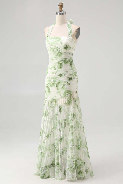 Green Floral Mermaid Halter Long Wedding Guest Dress with Bow