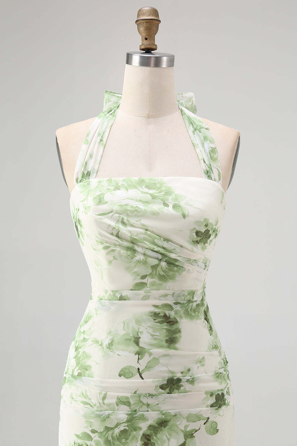 Green Floral Mermaid Halter Long Wedding Guest Dress with Bow