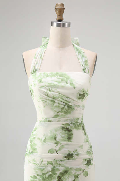 Green Floral Mermaid Halter Long Wedding Guest Dress with Bow