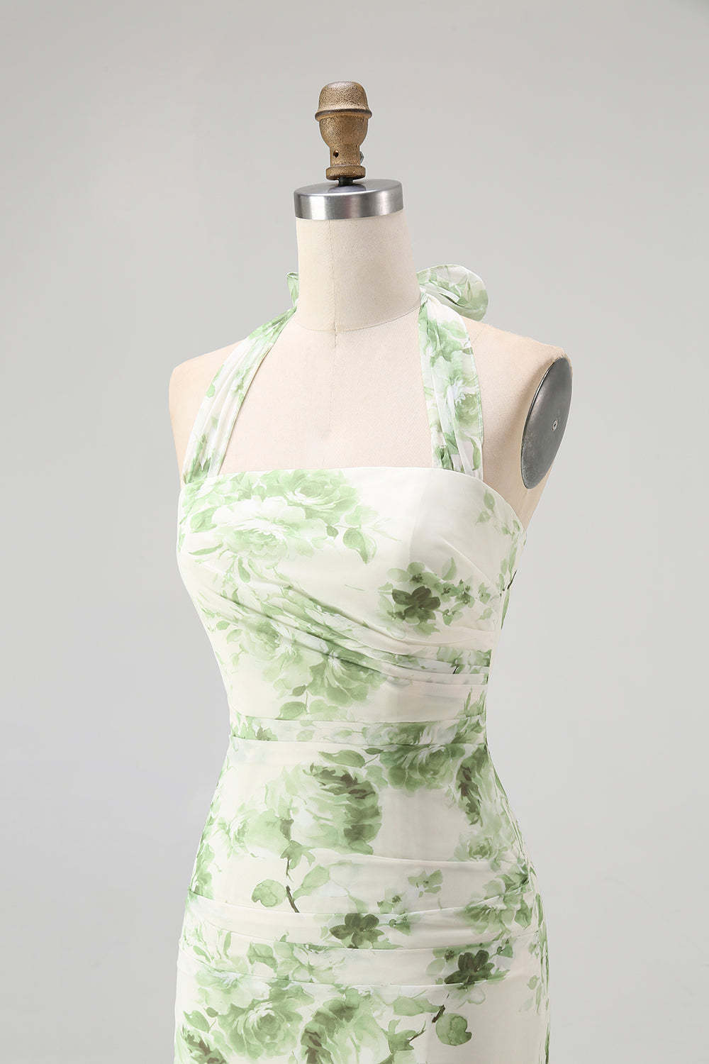 Green Floral Mermaid Halter Long Wedding Guest Dress with Bow