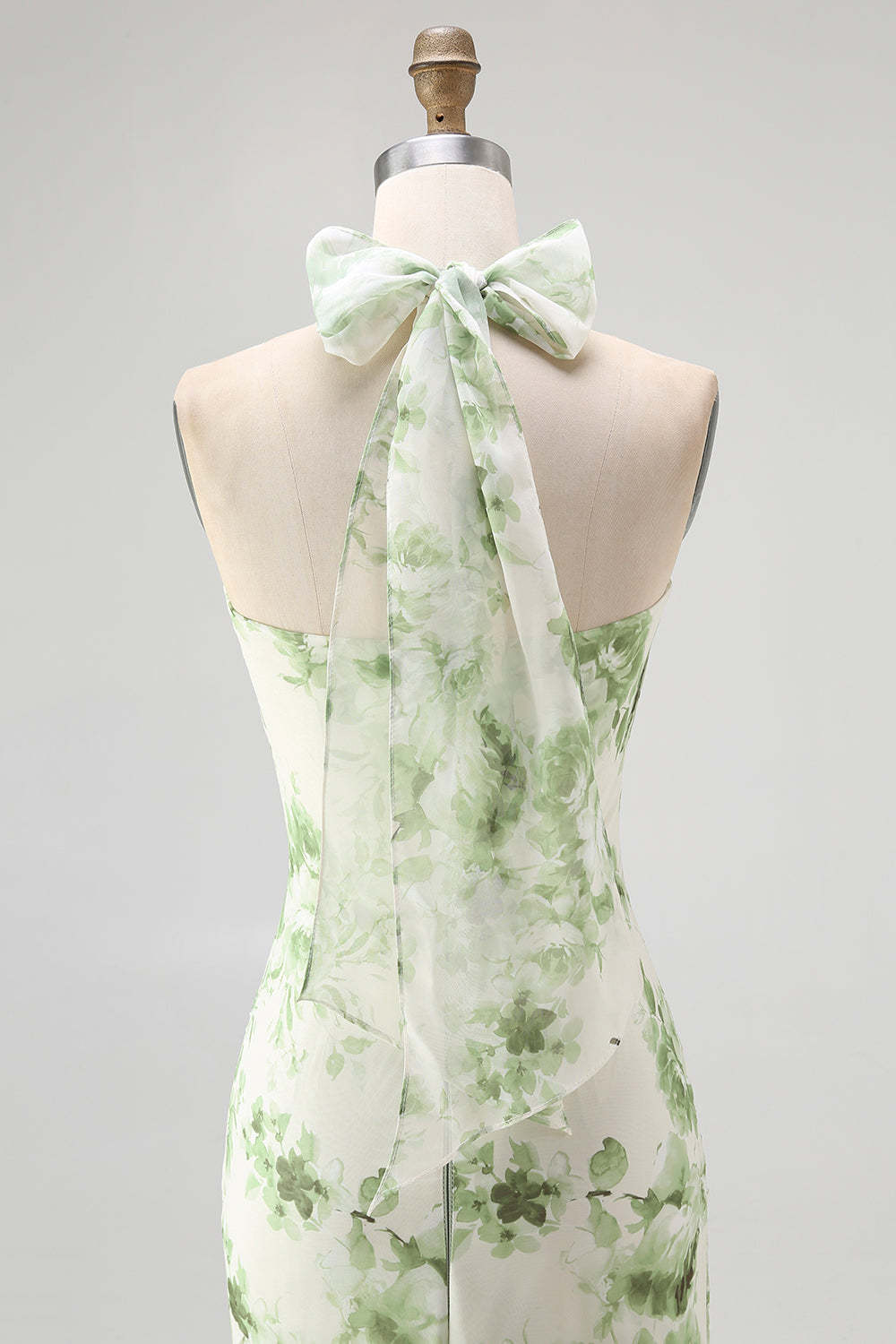 Green Floral Mermaid Halter Long Wedding Guest Dress with Bow