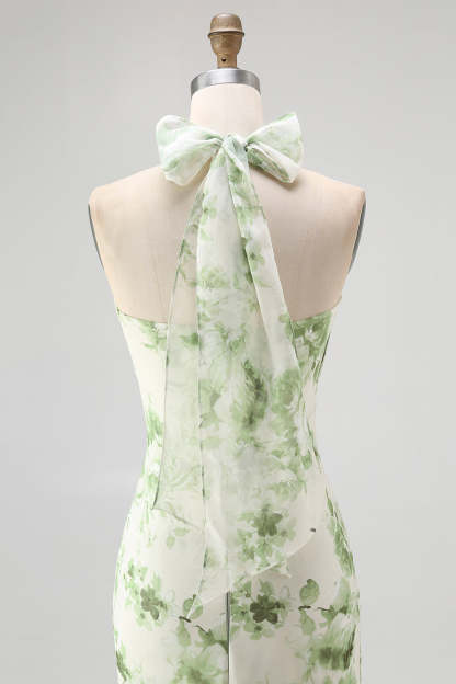 Green Floral Mermaid Halter Long Wedding Guest Dress with Bow