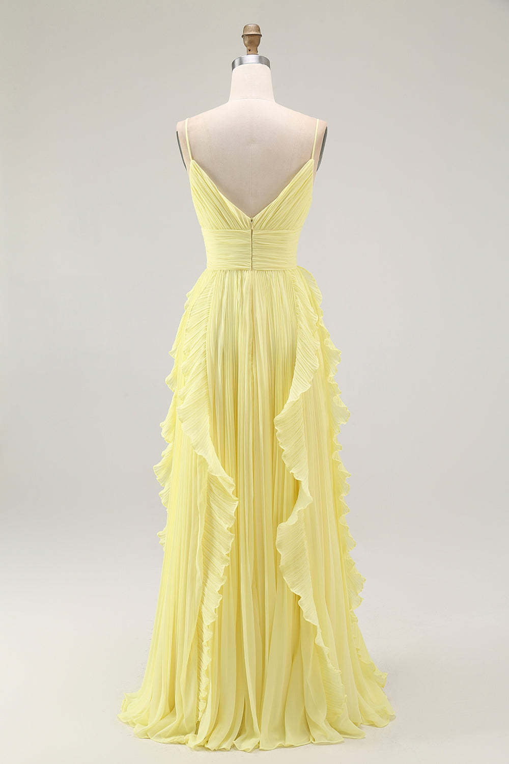 Yellow Chiffon Spaghetti Straps Pleated A-Line Long Wedding Guest Dress with Ruffles
