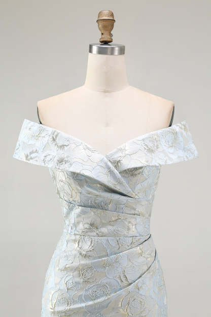 Light Blue Floral Off the Shoulder Mermaid Maxi Wedding Guest Dress