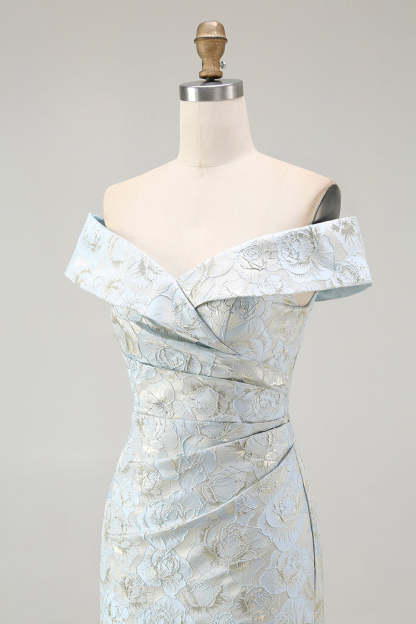 Light Blue Floral Off the Shoulder Mermaid Maxi Wedding Guest Dress