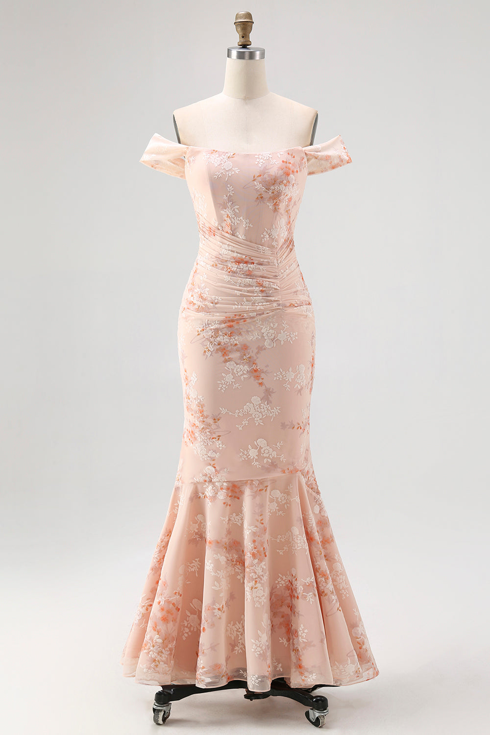 Champagne Printed Off the Shoulder Long Ruched Wedding Guest Dress