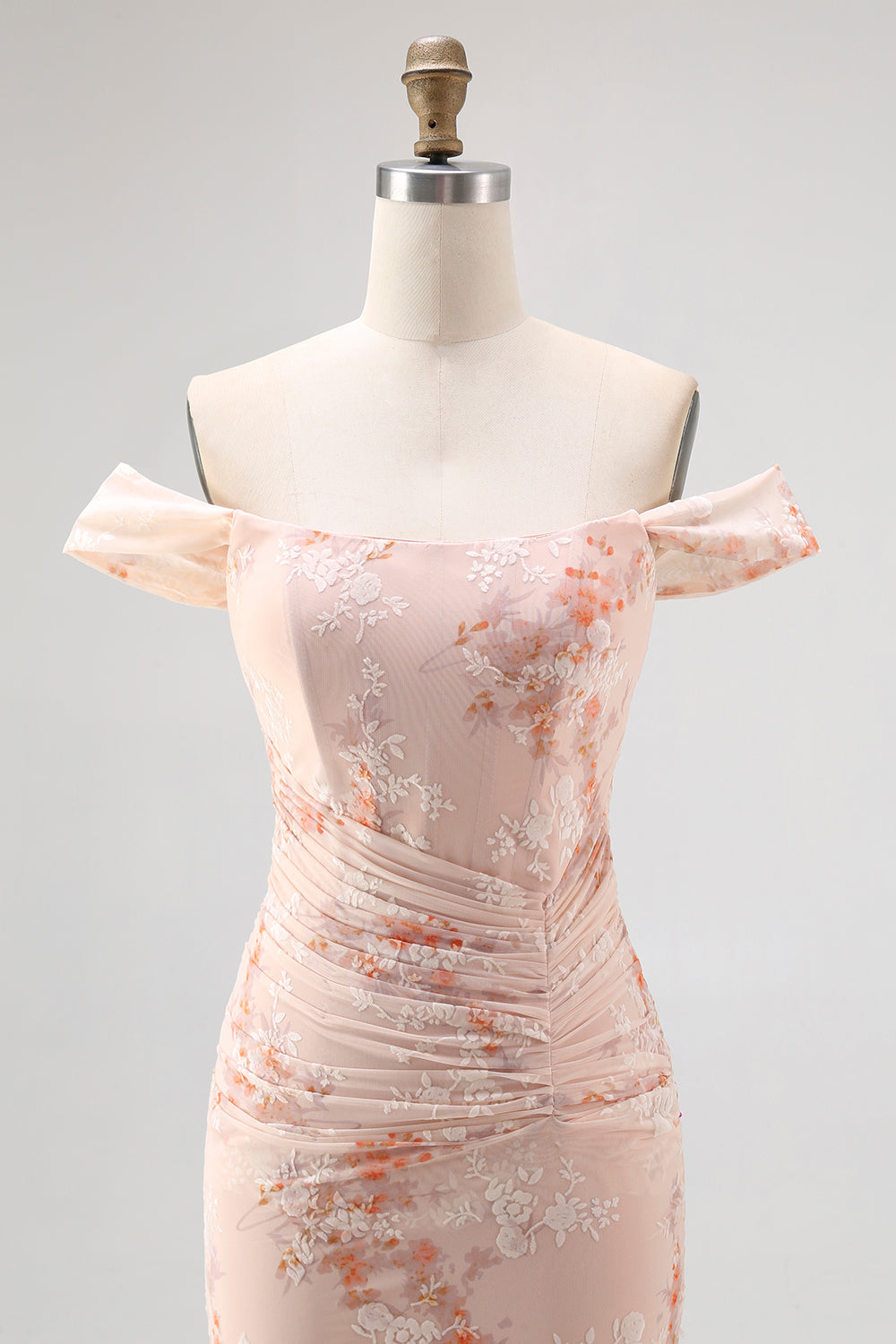 Champagne Printed Off the Shoulder Long Ruched Wedding Guest Dress