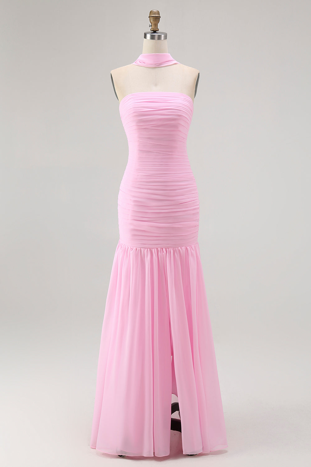 Leely Women Blush Chiffon Mermaid Neck Scarf Long Wedding Guest Dress Strapless Ruched Bridesmaid Dress