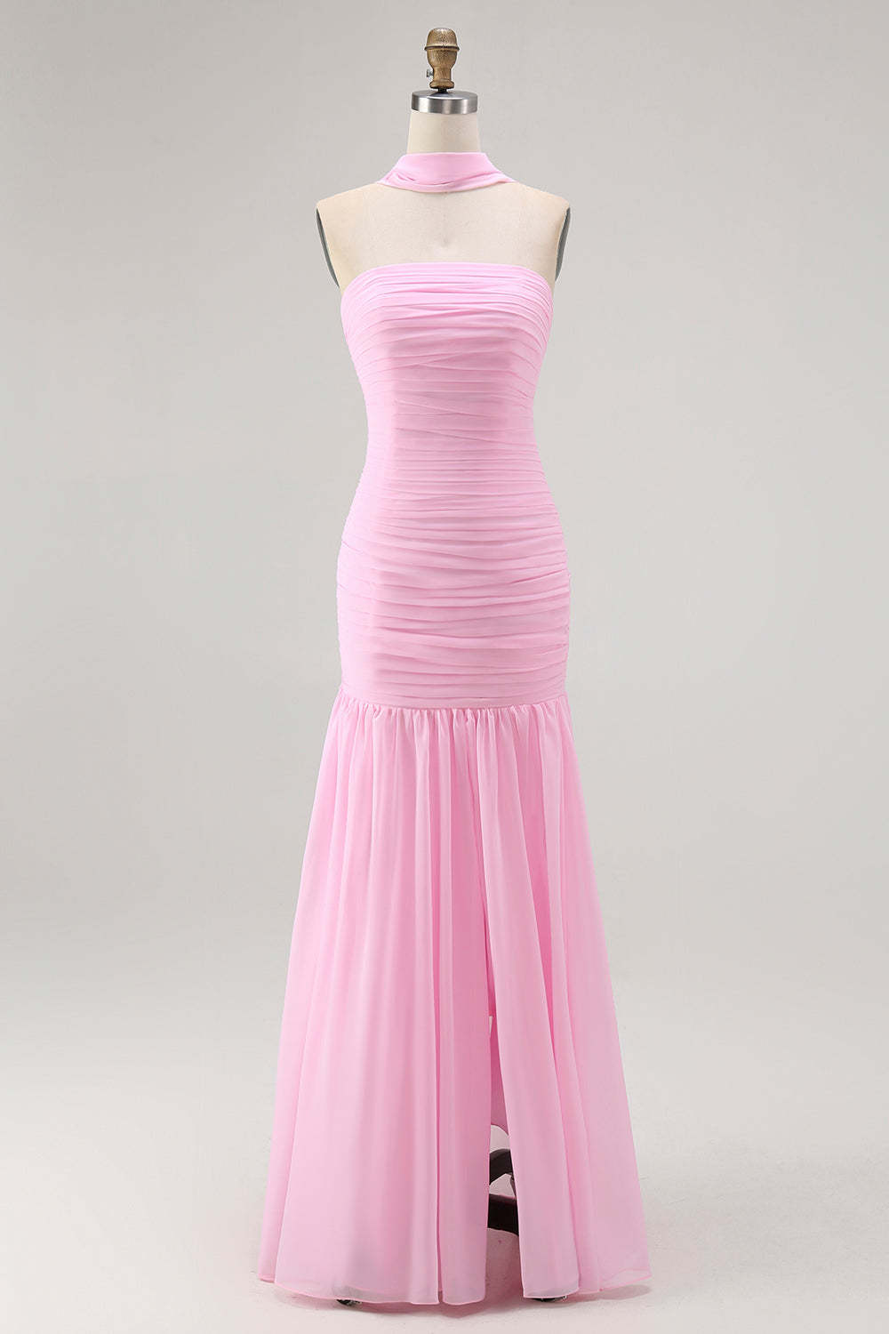Leely Women Blush Chiffon Mermaid Neck Scarf Long Wedding Guest Dress Strapless Ruched Bridesmaid Dress